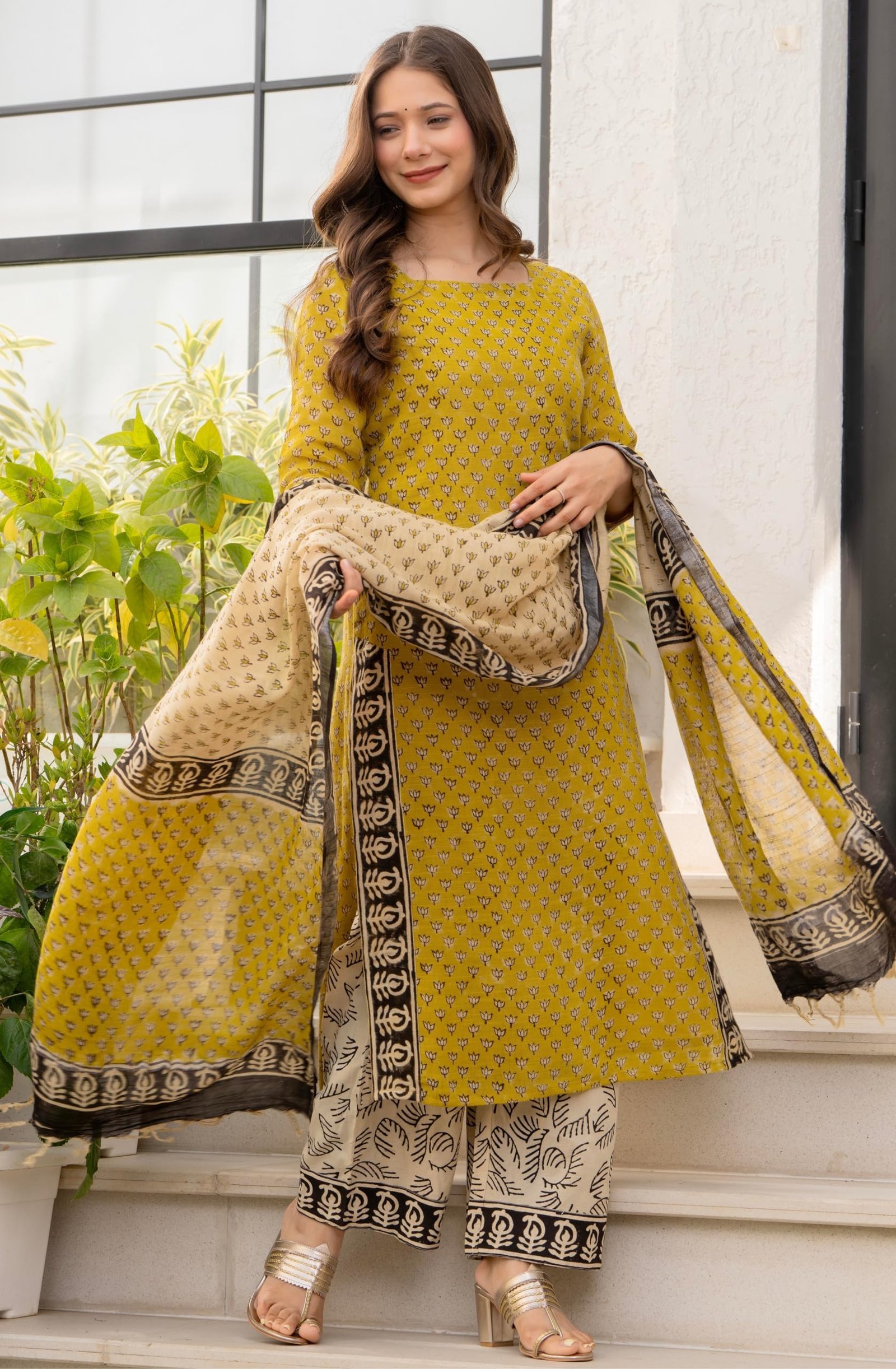 Women's Pure Cotton Straight Kurta Set with Palazzo Pants & Dupatta|Ethnic wear|Kurta Set for Women(TCK737-N, Yellow, 3XL) - Image 3