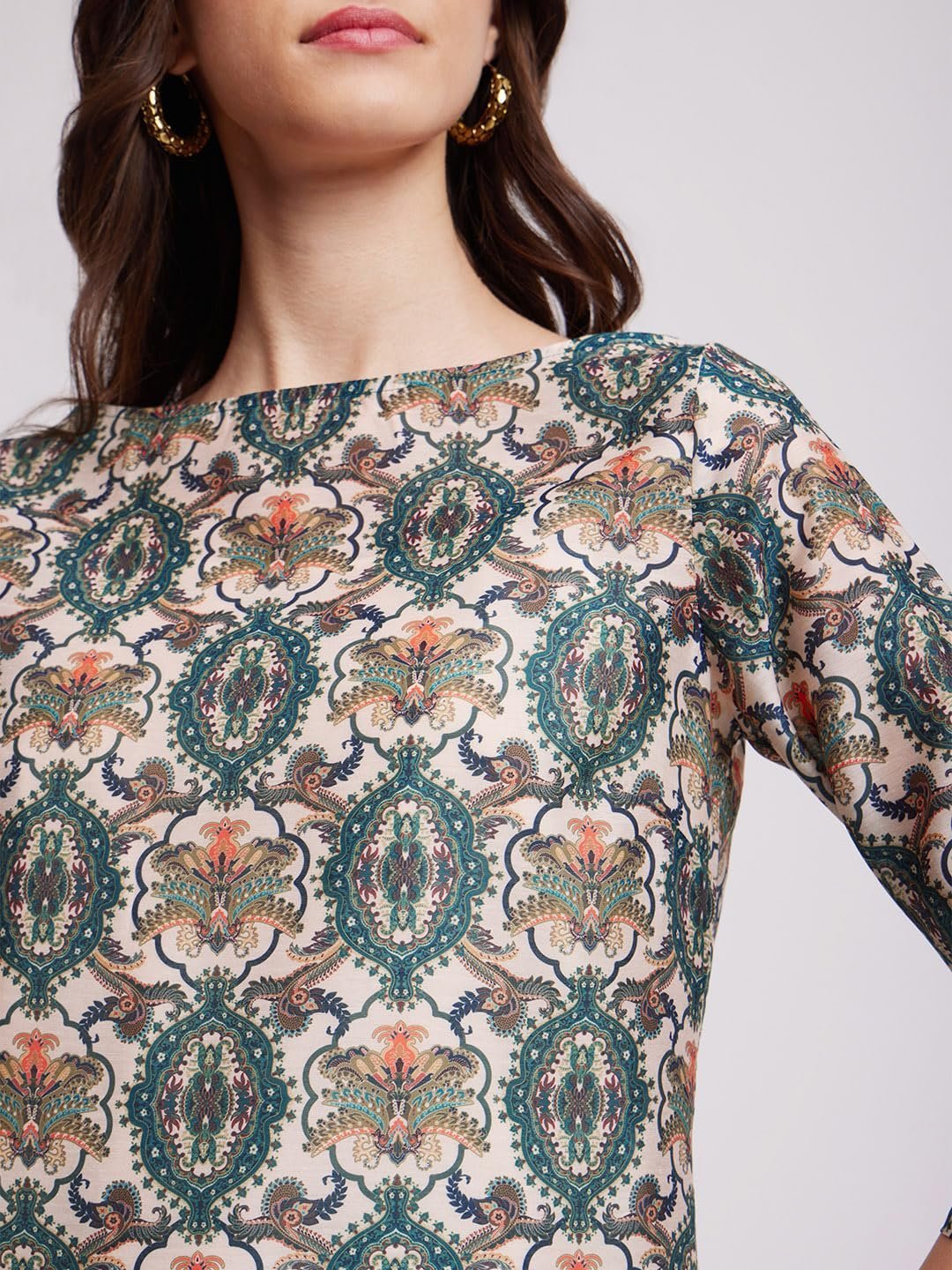 Women Casual Top | Boat Neck Three-Quarter Sleeves Floral Print Hip Length | Lightweight Smooth Fabric, Work & Vacation Outings | Multi - Image 2
