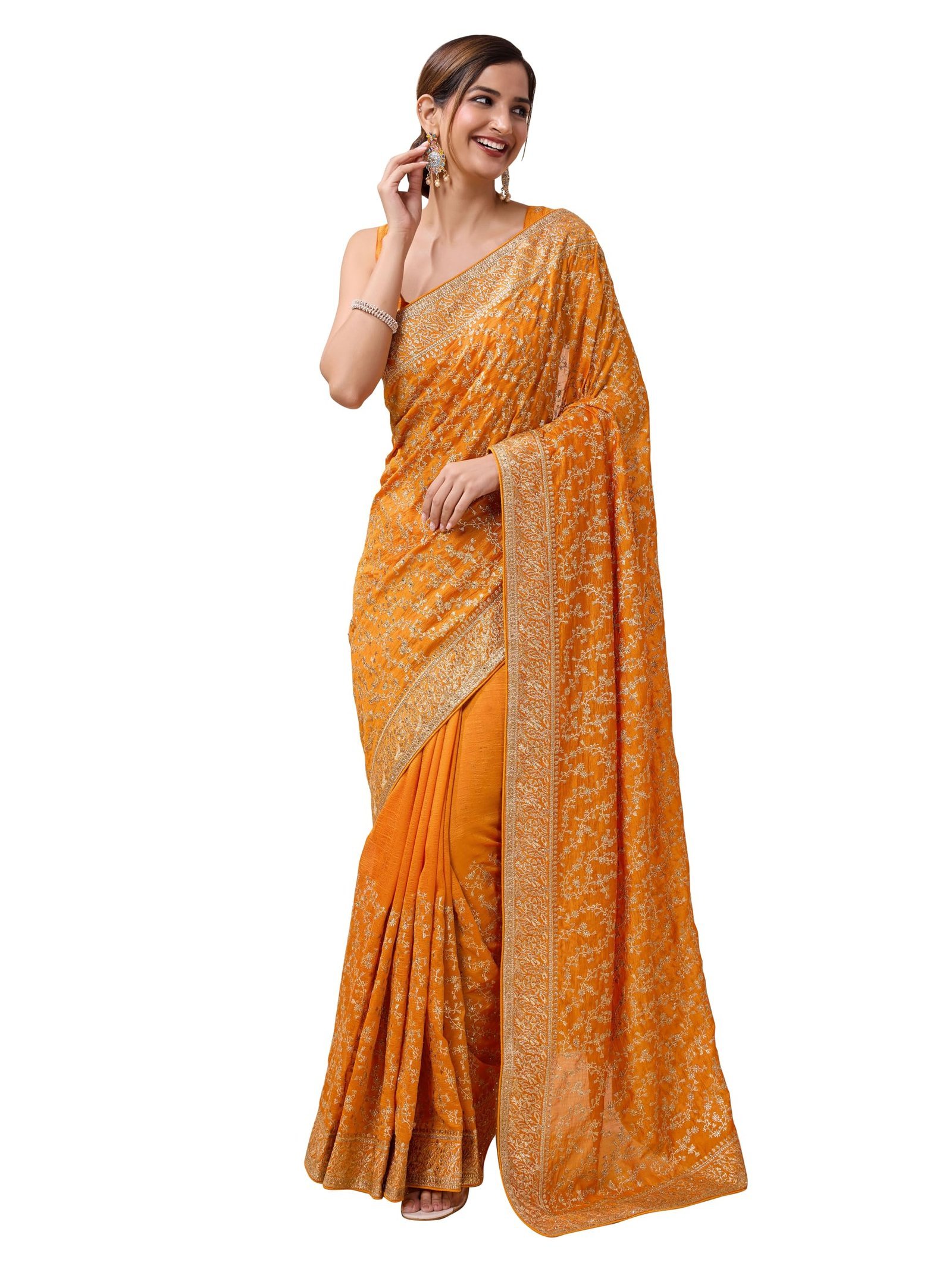 Women's Vichitra Silk Embroidery Work Saree with Unstitch Blouse Piece (K1098-Yellow)