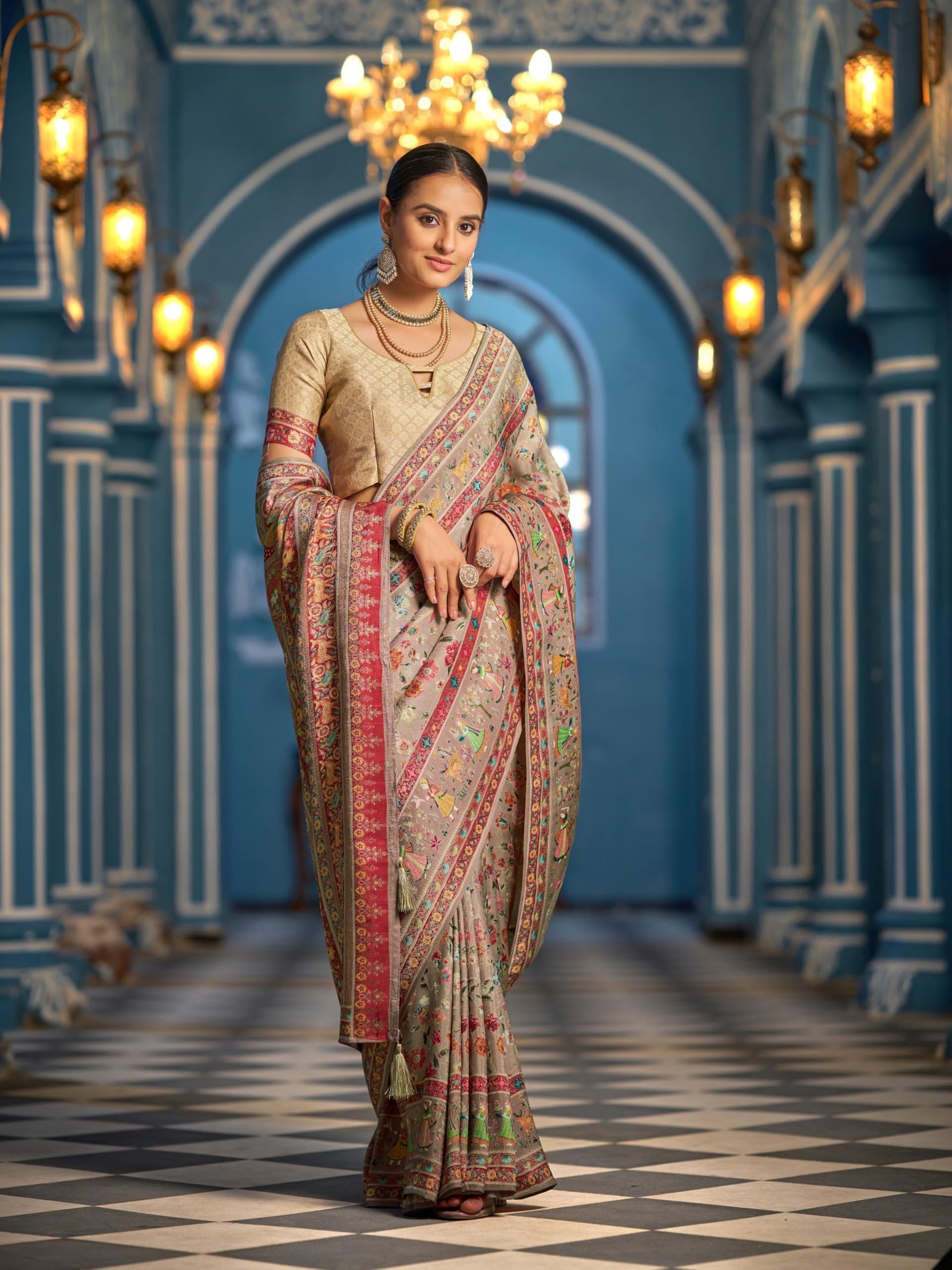 Womens Kanjivaram Banarasi Silk Saree Kanchipuram Patola saree (BEIGE) - Image 7