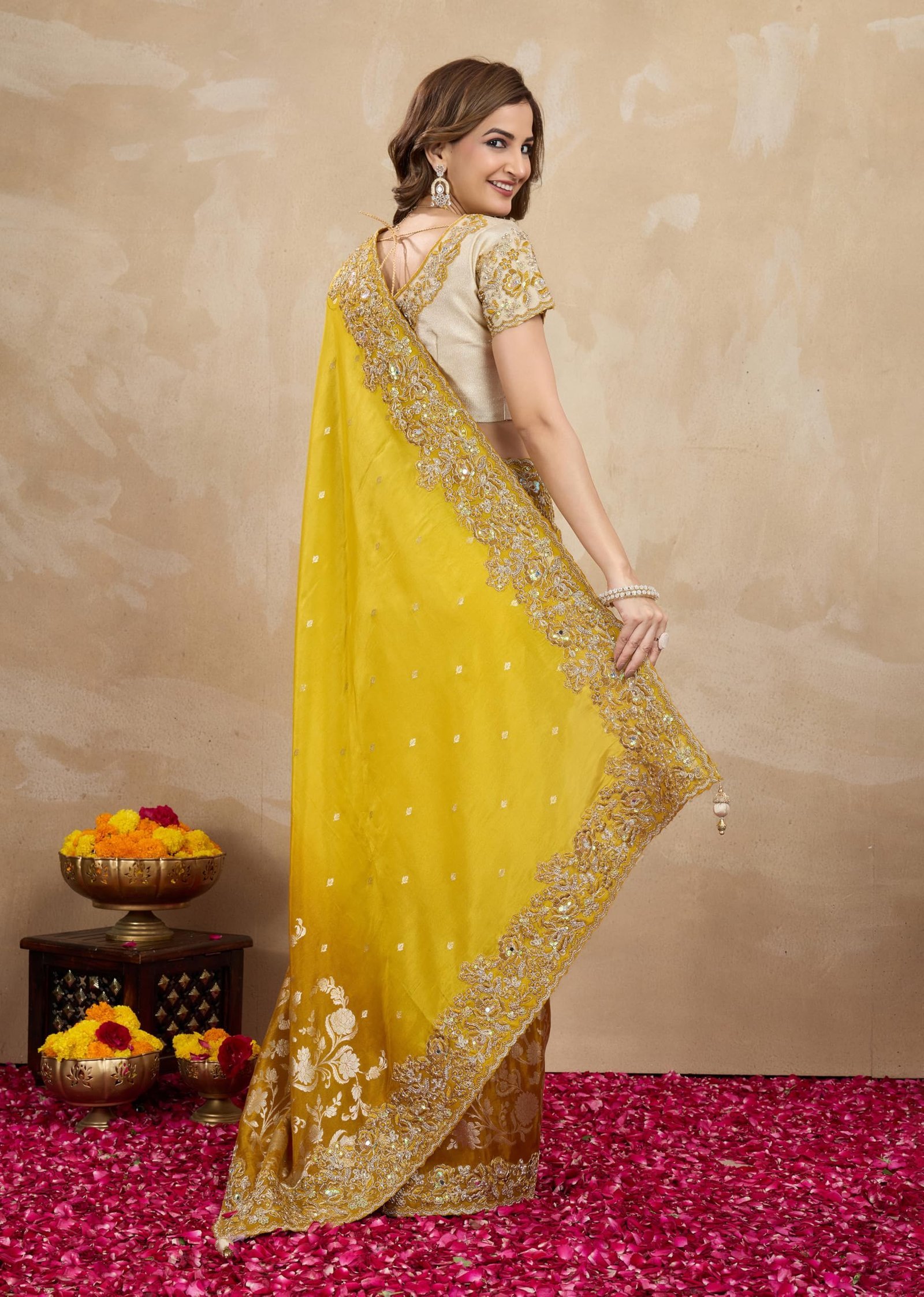 Women's Jacquard Silk Embroidery Saree with Unstitched Blouse Piece (K1178-Yellow) - Image 2