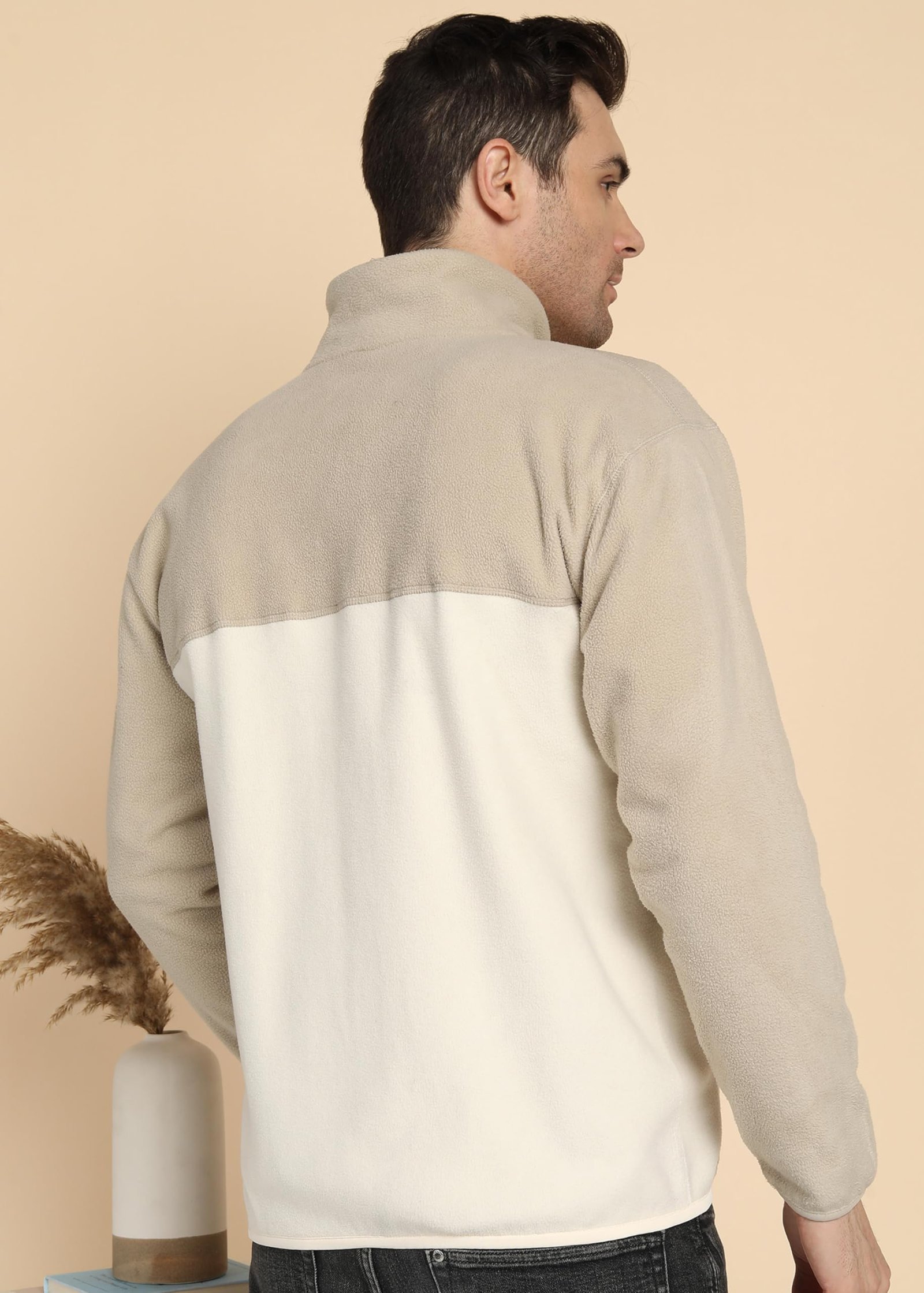 Men’s Fleece Full-Zip Jacket | Warm Puffy Polyester Jacket with Stand Collar & Piped Cuffs (Beige_2XL) - Image 4