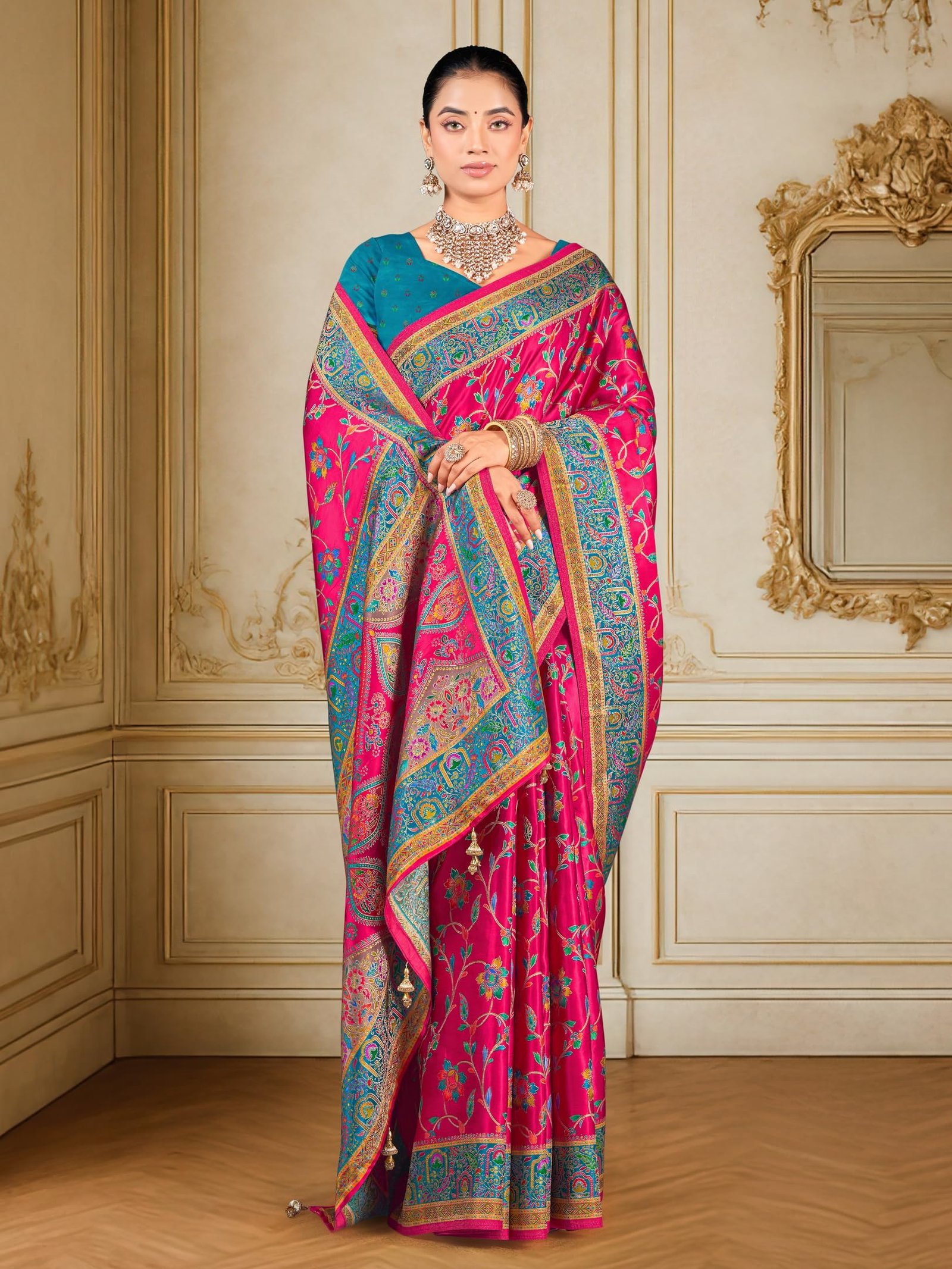 Women’s Luxurious Dola Satin Pure Silk Original Saree Position Print Work Madhubani Inspired Motifs Banarasi Kanjivaram Style Saree With Blouse Piece (Elegant105_Pink) - Image 5
