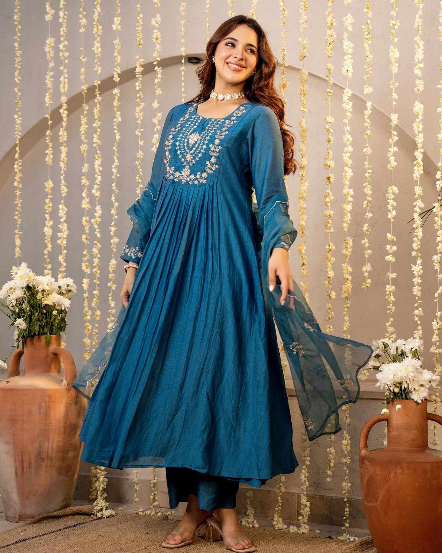 Women Embroidery Solid A-Line Kurta and Pant Set with Dupatta (IN, Alpha, Morepeach) - Image 5