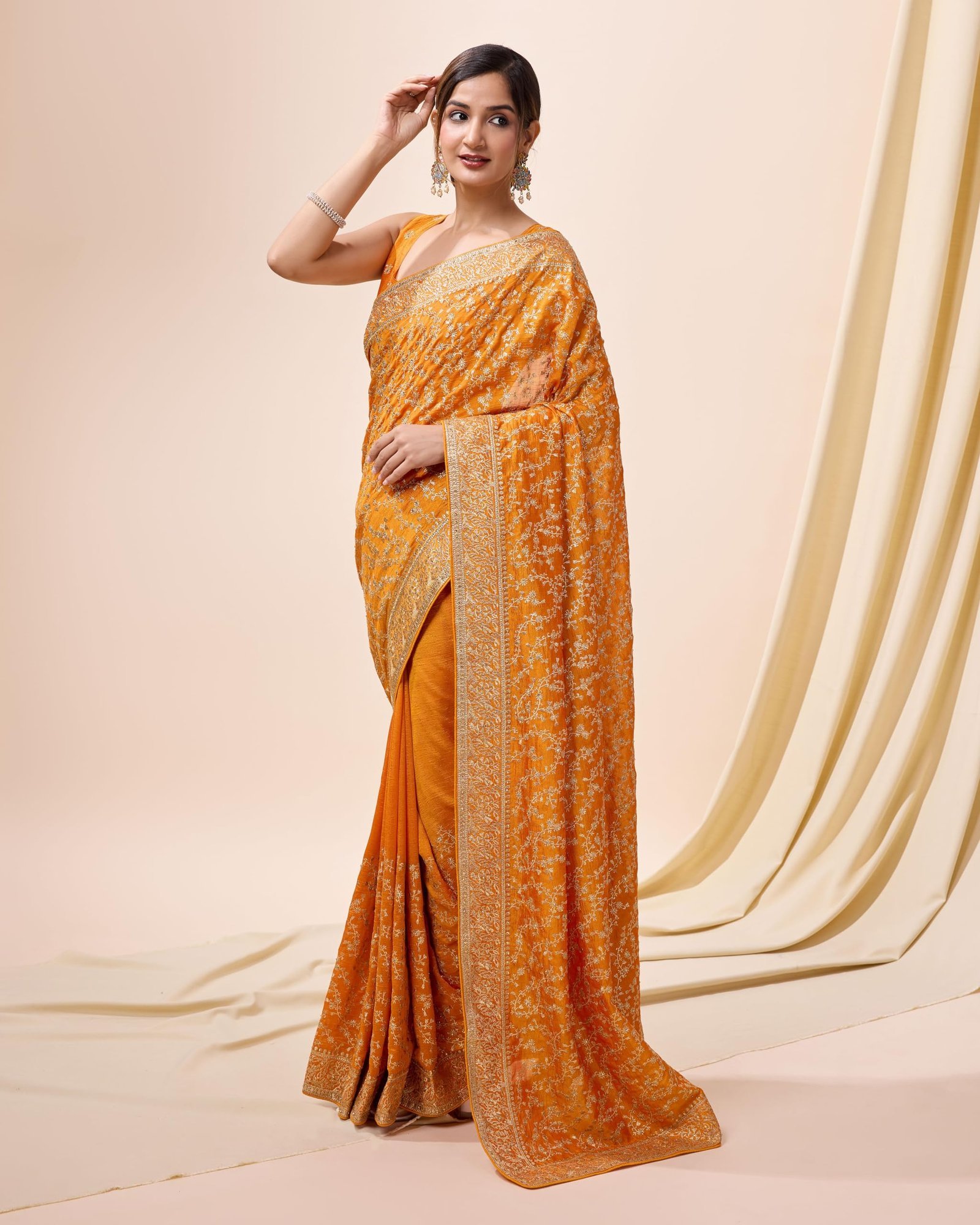 Women's Vichitra Silk Embroidery Work Saree with Unstitch Blouse Piece (K1098-Yellow) - Image 8