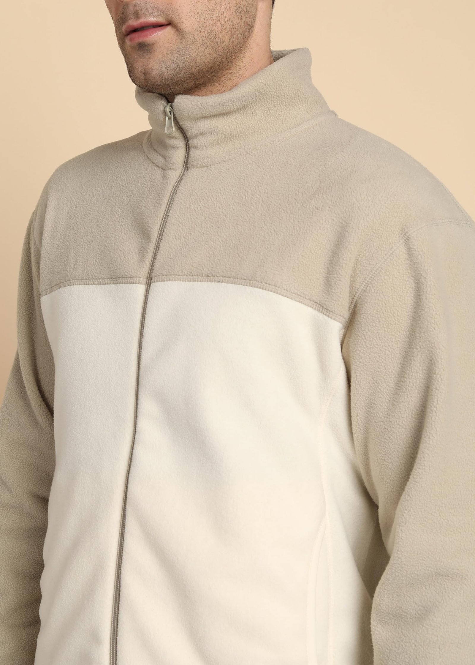 Men’s Fleece Full-Zip Jacket | Warm Puffy Polyester Jacket with Stand Collar & Piped Cuffs (Beige_2XL) - Image 5