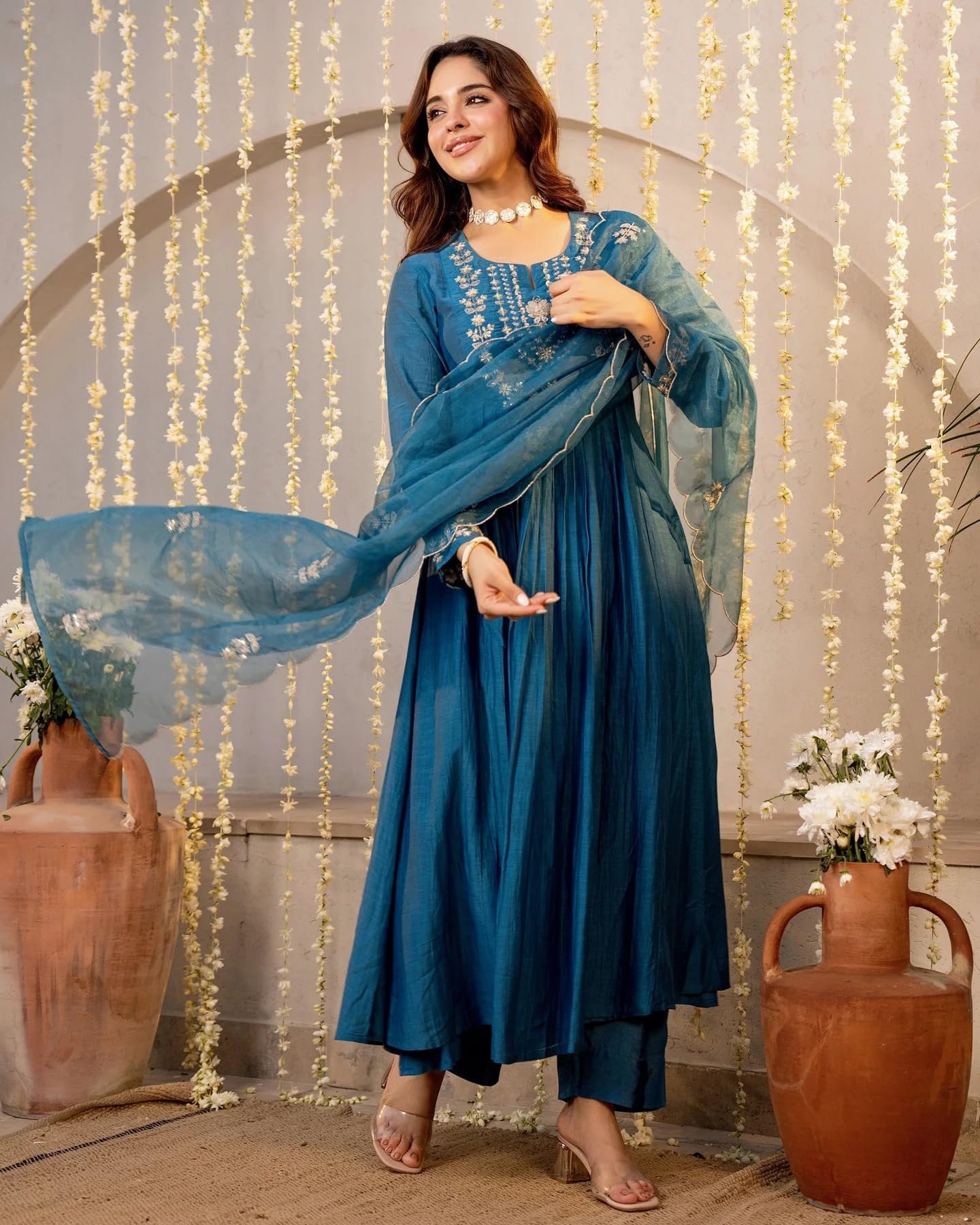 Women Embroidery Solid A-Line Kurta and Pant Set with Dupatta (IN, Alpha, Morepeach) - Image 7