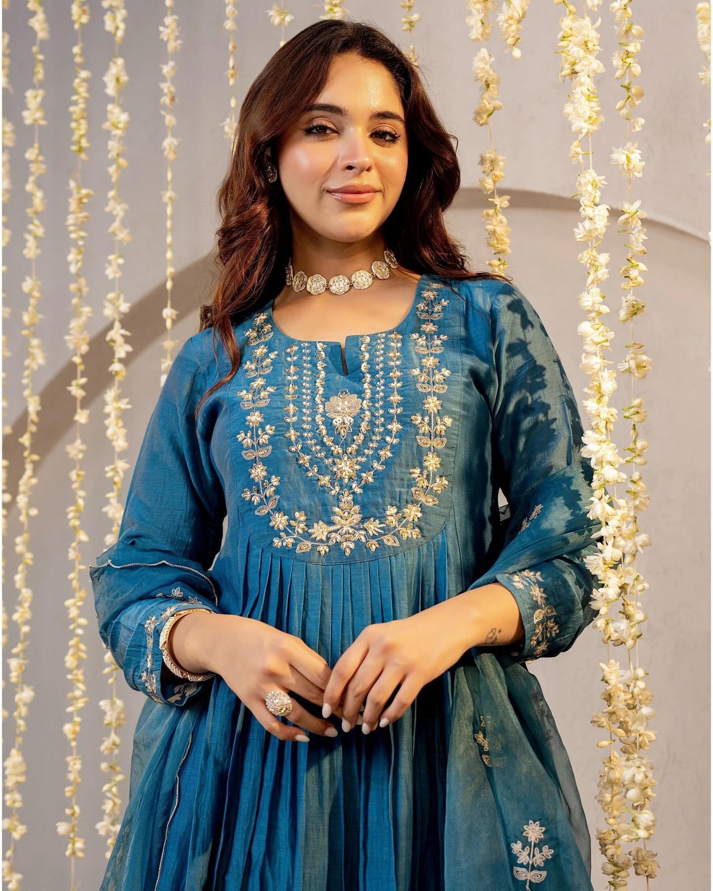 Women Embroidery Solid A-Line Kurta and Pant Set with Dupatta (IN, Alpha, Morepeach) - Image 2
