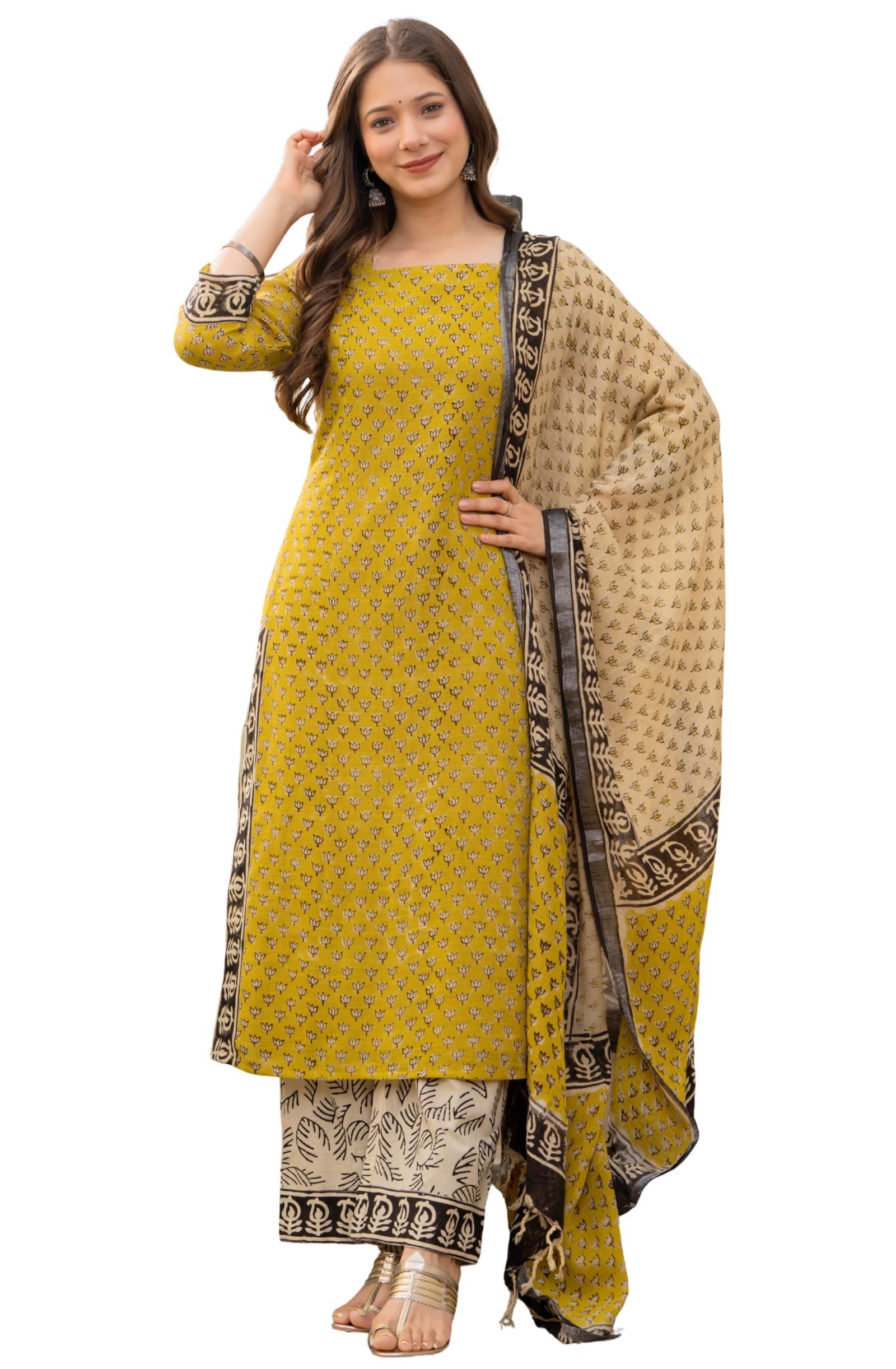 Women's Pure Cotton Straight Kurta Set with Palazzo Pants & Dupatta|Ethnic wear|Kurta Set for Women(TCK737-N, Yellow, 3XL)