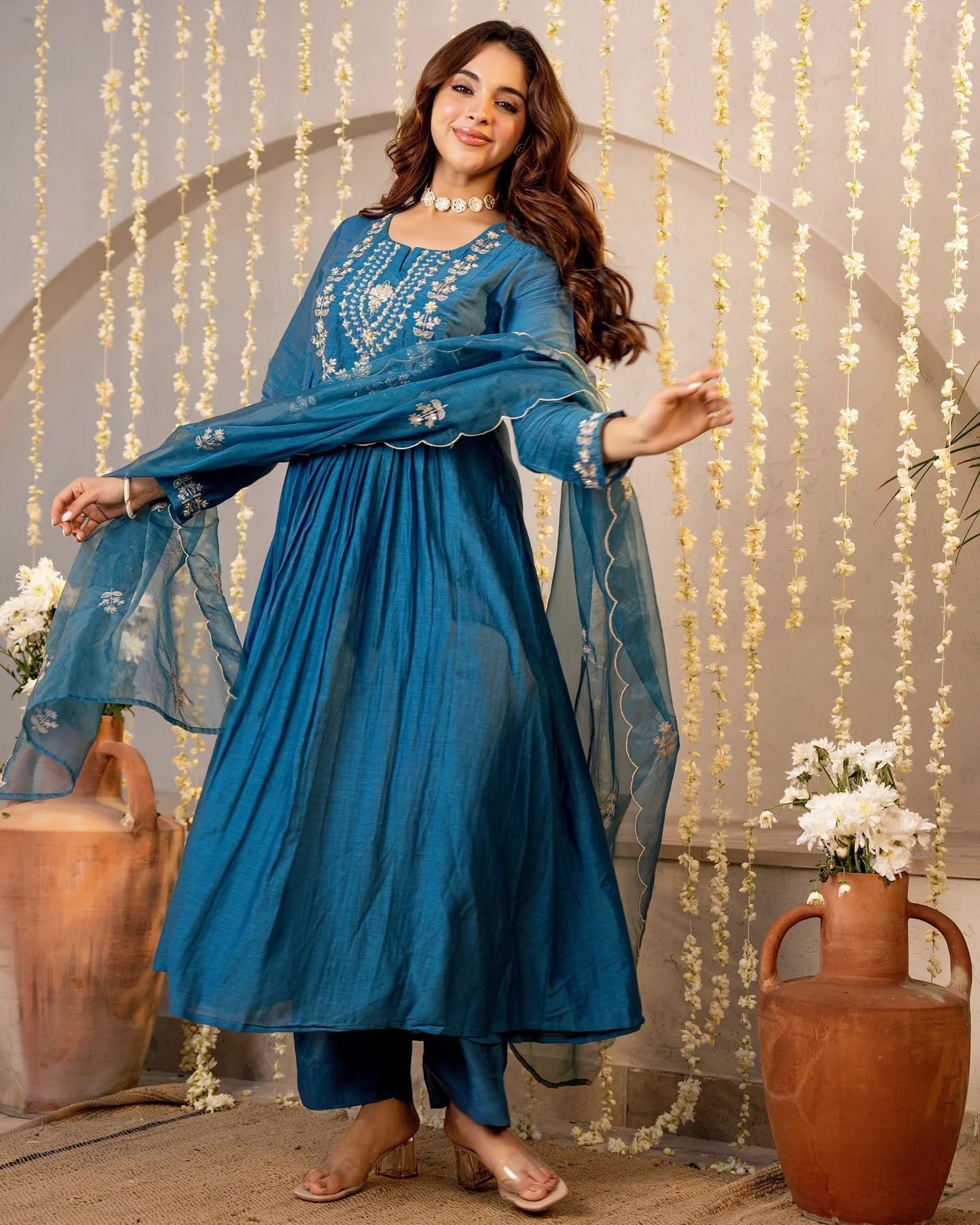 Women Embroidery Solid A-Line Kurta and Pant Set with Dupatta (IN, Alpha, Morepeach) - Image 3