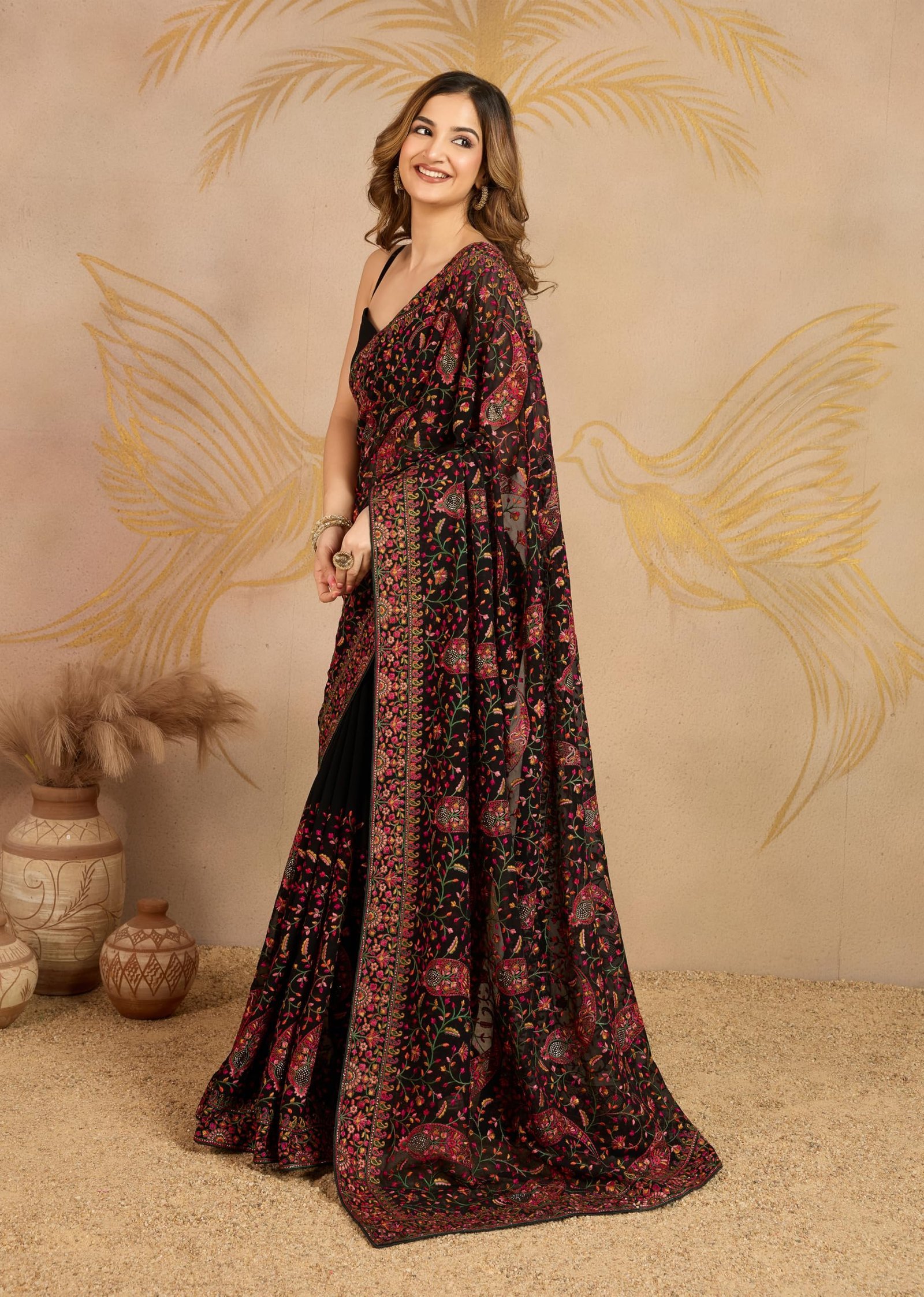 Women's Georgette Multi Colour Resham Thread Embroidery with Siroski work Saree with Unstitched Blouse Piece (K1233-Black) - Image 7