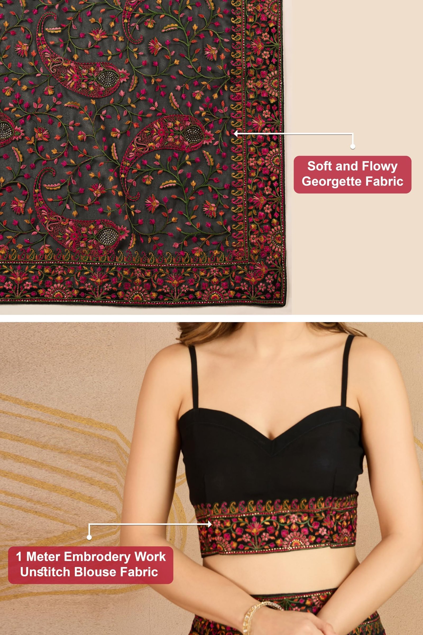 Women's Georgette Multi Colour Resham Thread Embroidery with Siroski work Saree with Unstitched Blouse Piece (K1233-Black) - Image 6