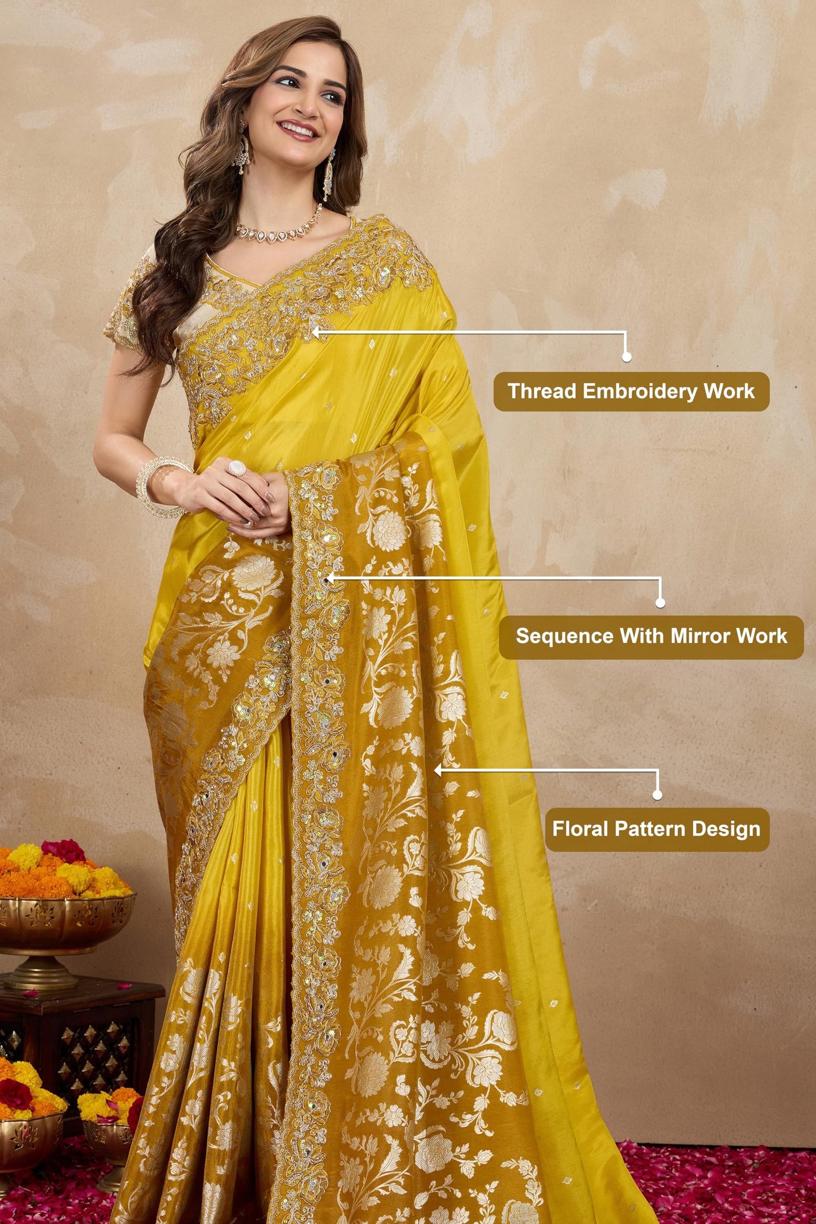 Women's Jacquard Silk Embroidery Saree with Unstitched Blouse Piece (K1178-Yellow) - Image 5