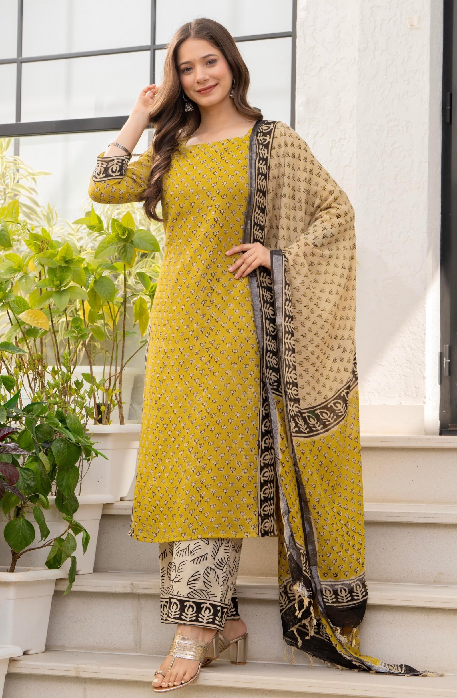 Women's Pure Cotton Straight Kurta Set with Palazzo Pants & Dupatta|Ethnic wear|Kurta Set for Women(TCK737-N, Yellow, 3XL) - Image 5