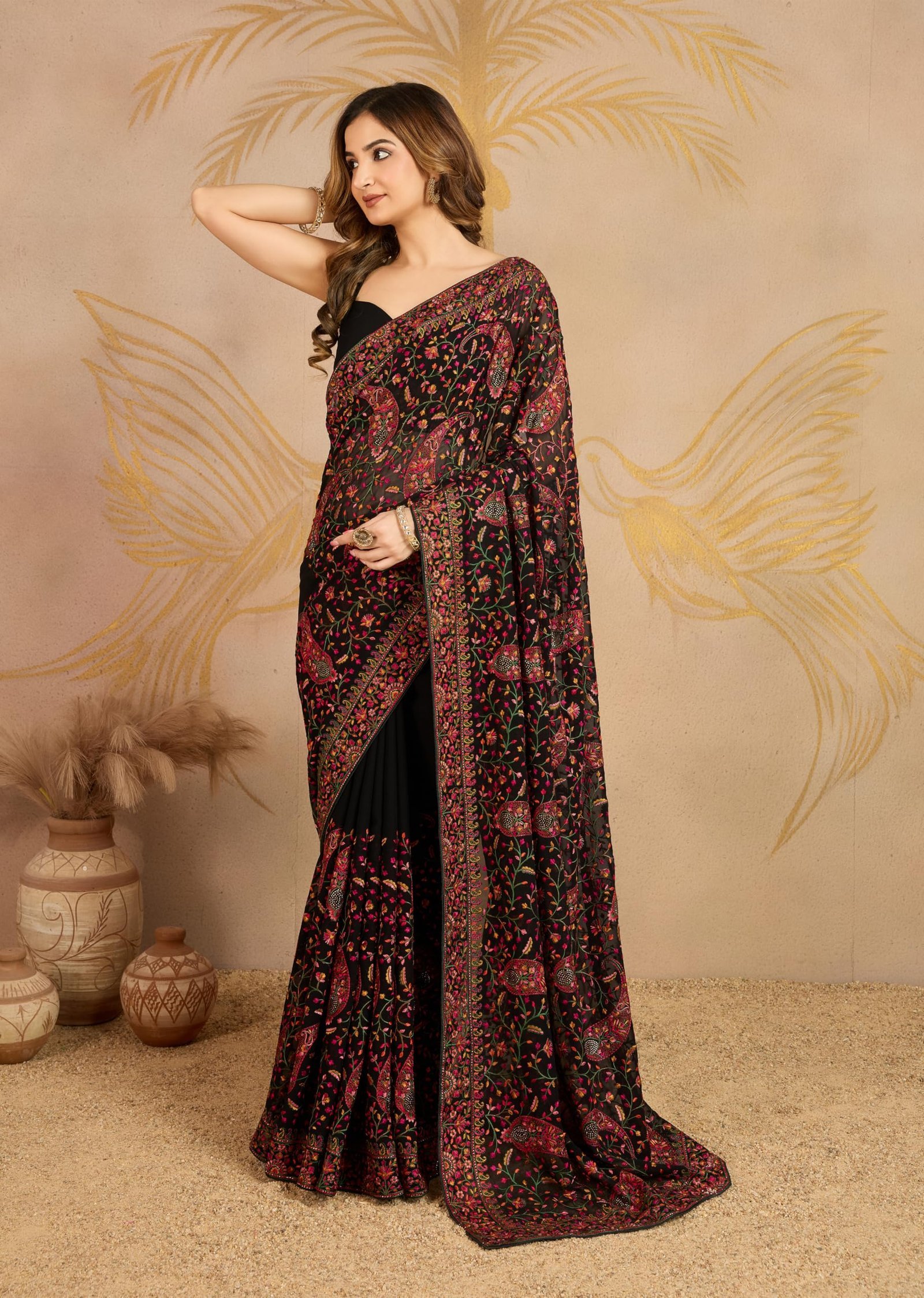 Women's Georgette Multi Colour Resham Thread Embroidery with Siroski work Saree with Unstitched Blouse Piece (K1233-Black) - Image 4