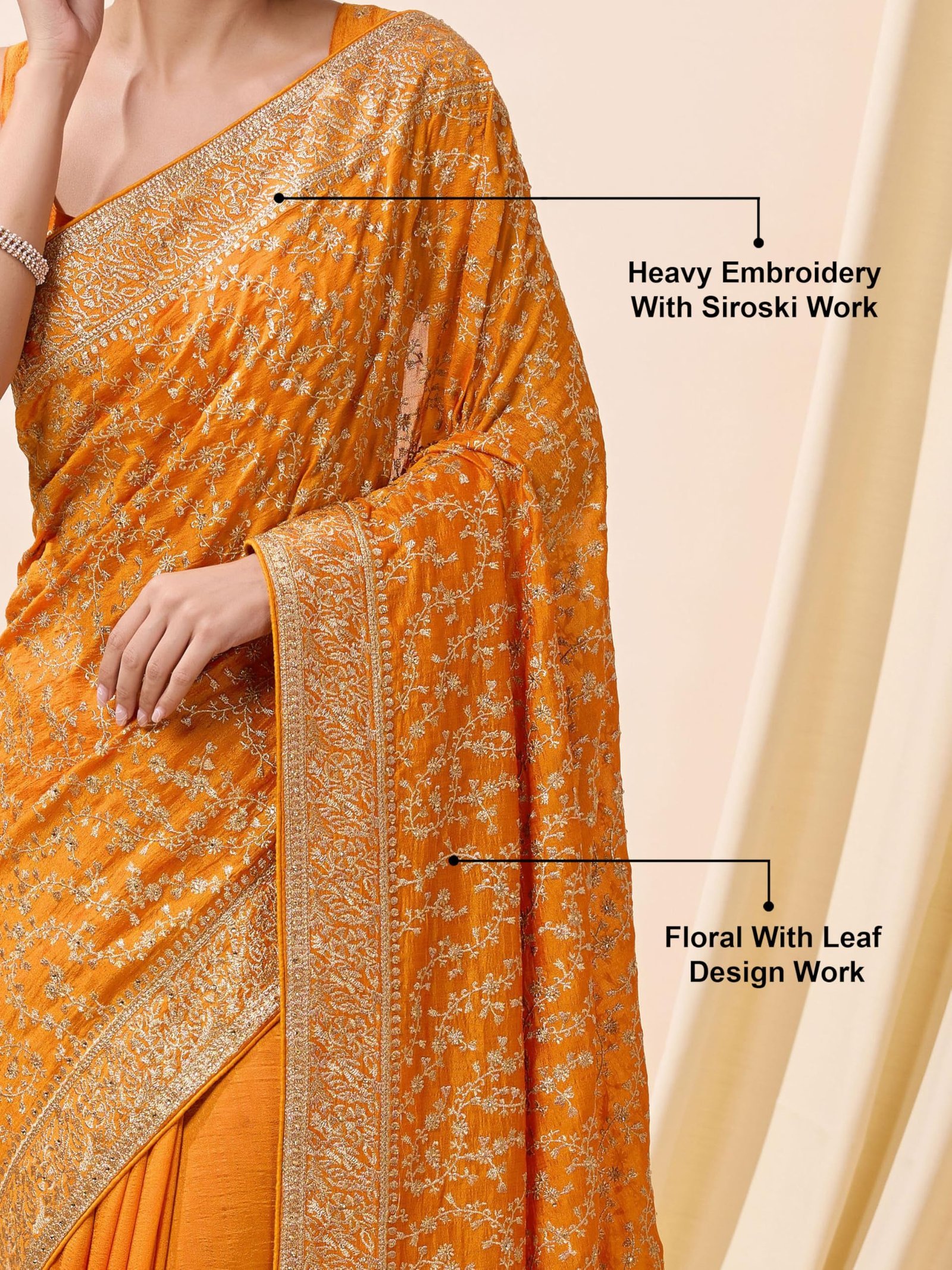 Women's Vichitra Silk Embroidery Work Saree with Unstitch Blouse Piece (K1098-Yellow) - Image 4