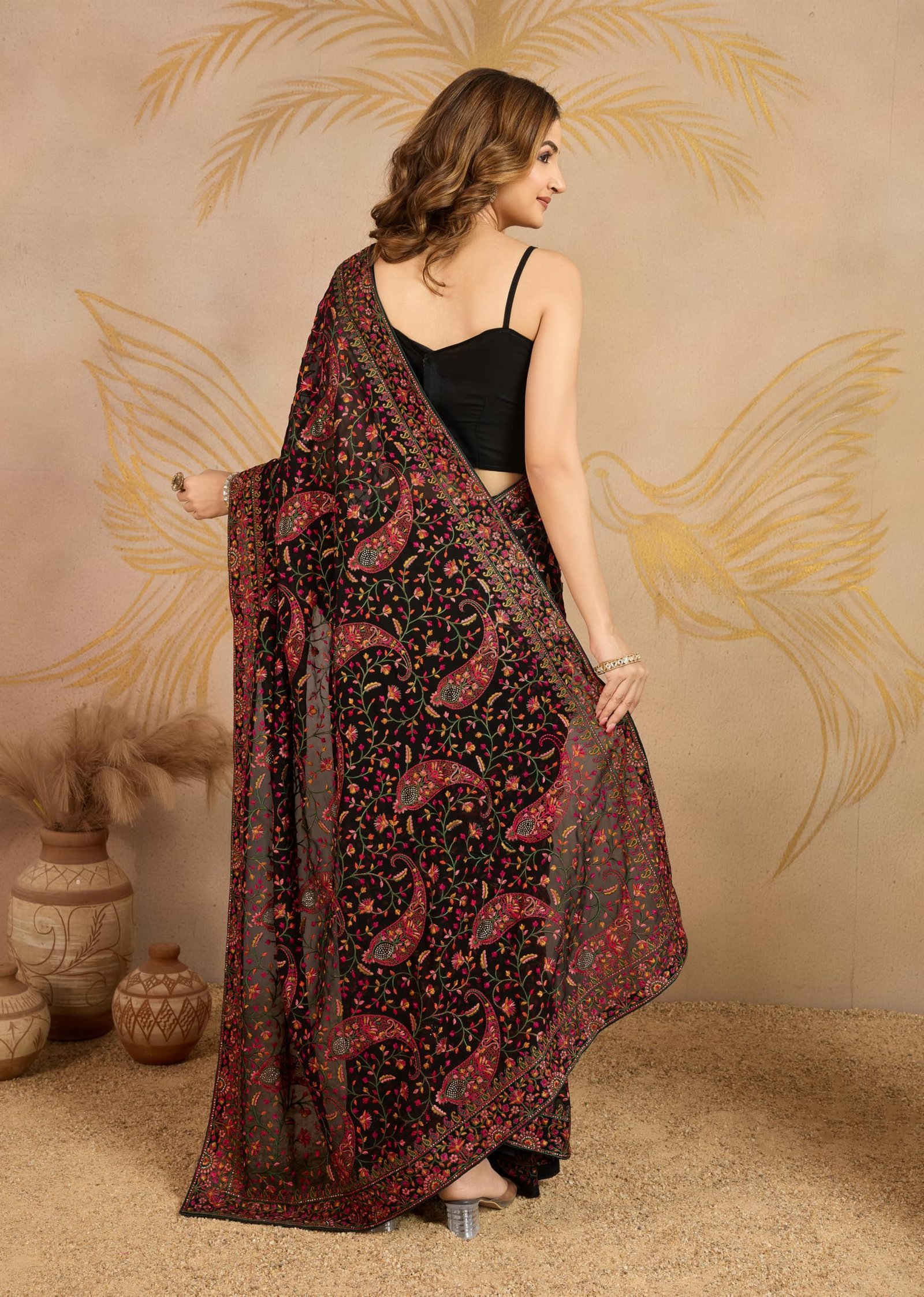 Women's Georgette Multi Colour Resham Thread Embroidery with Siroski work Saree with Unstitched Blouse Piece (K1233-Black) - Image 3