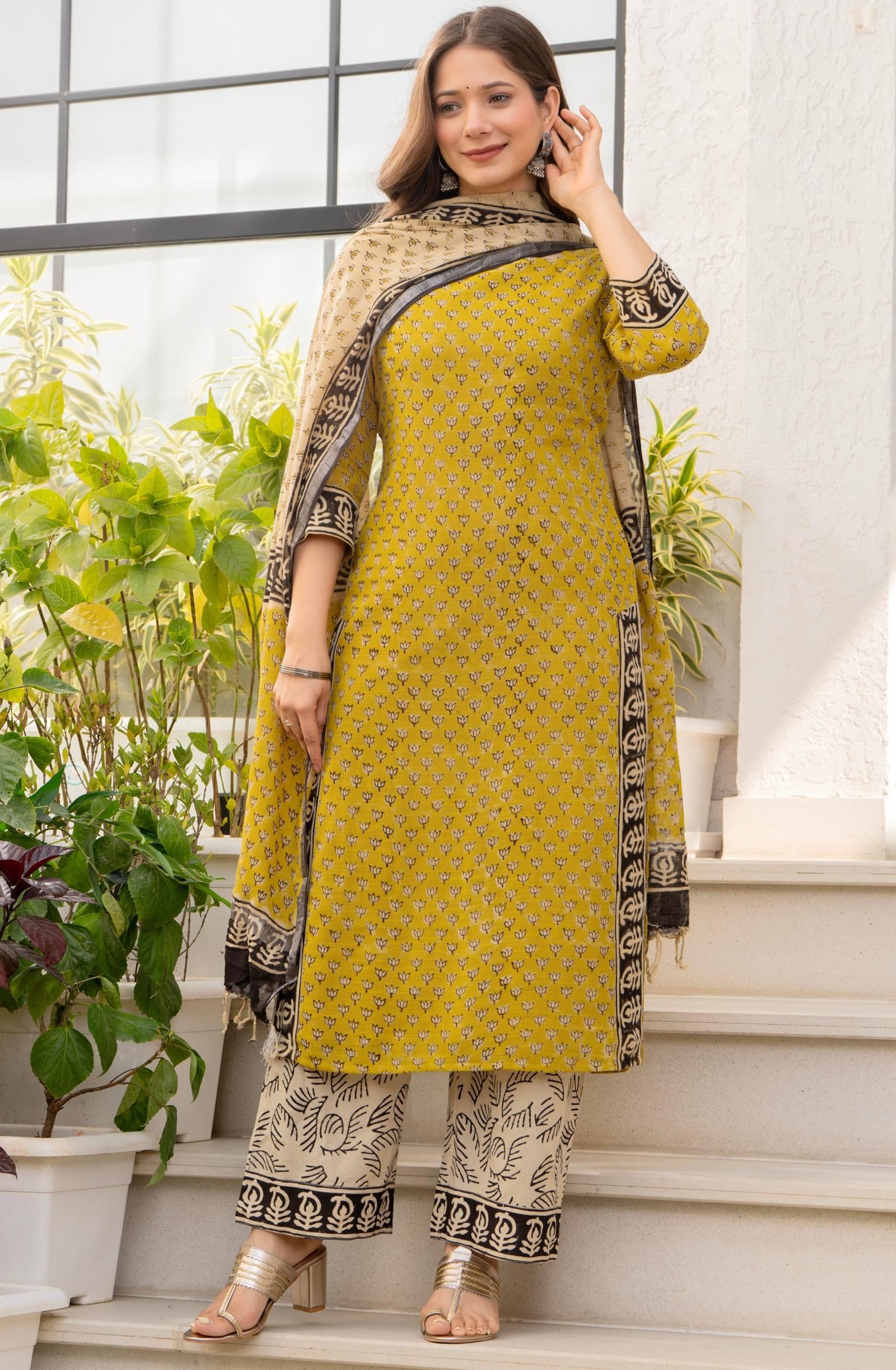 Women's Pure Cotton Straight Kurta Set with Palazzo Pants & Dupatta|Ethnic wear|Kurta Set for Women(TCK737-N, Yellow, 3XL) - Image 4