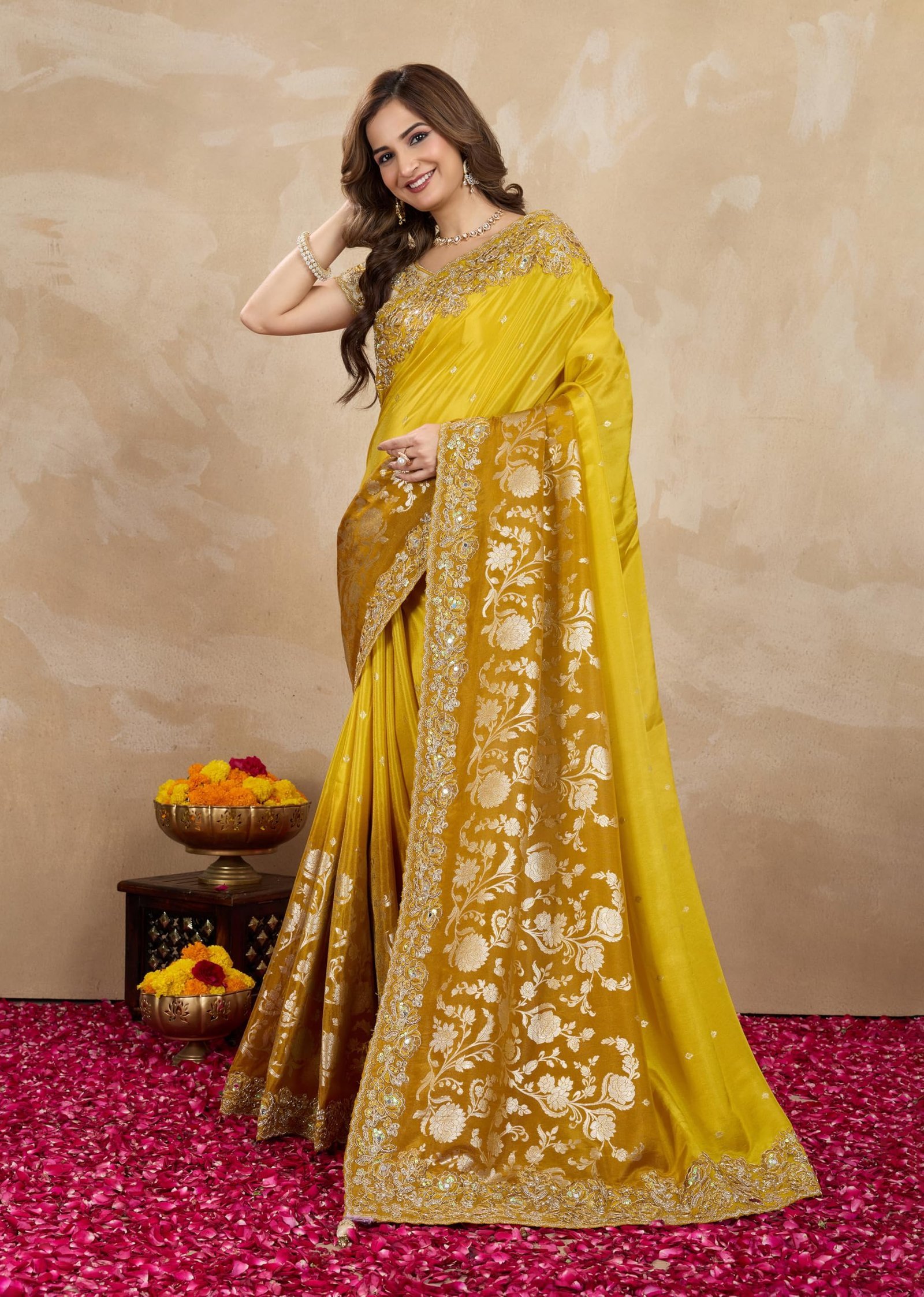 Women's Jacquard Silk Embroidery Saree with Unstitched Blouse Piece (K1178-Yellow) - Image 3