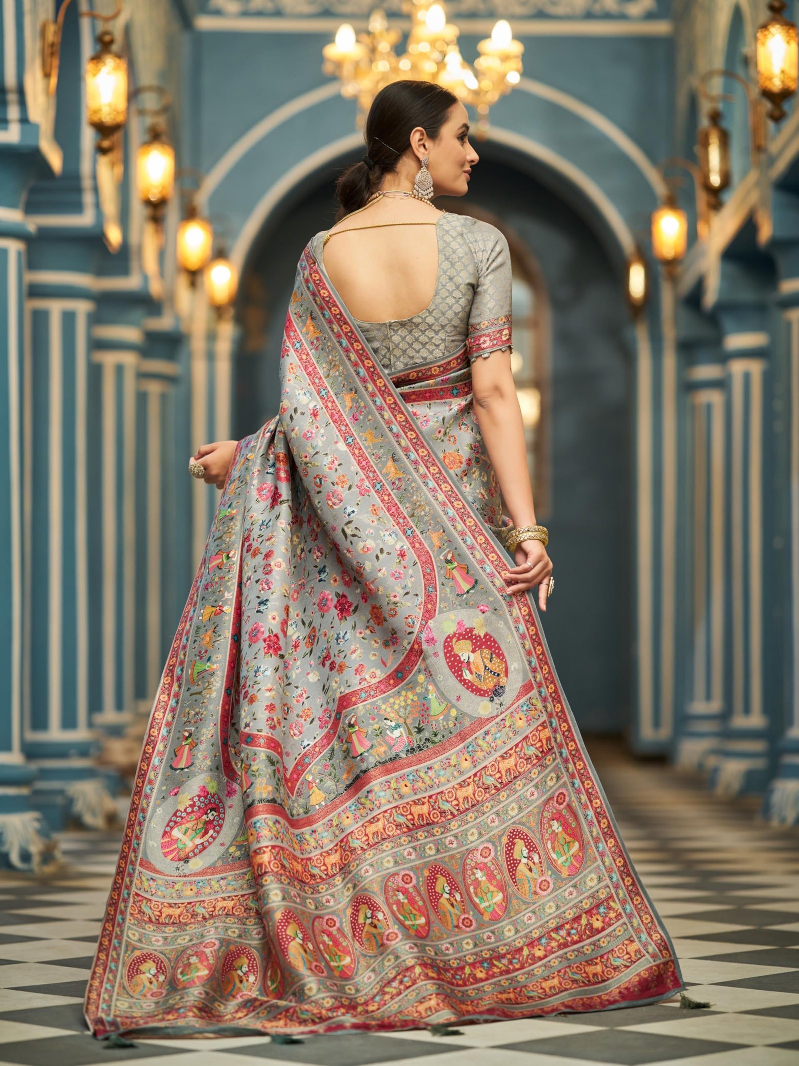Womens Kanjivaram Banarasi Silk Saree Kanchipuram Patola saree (GREY) - Image 5