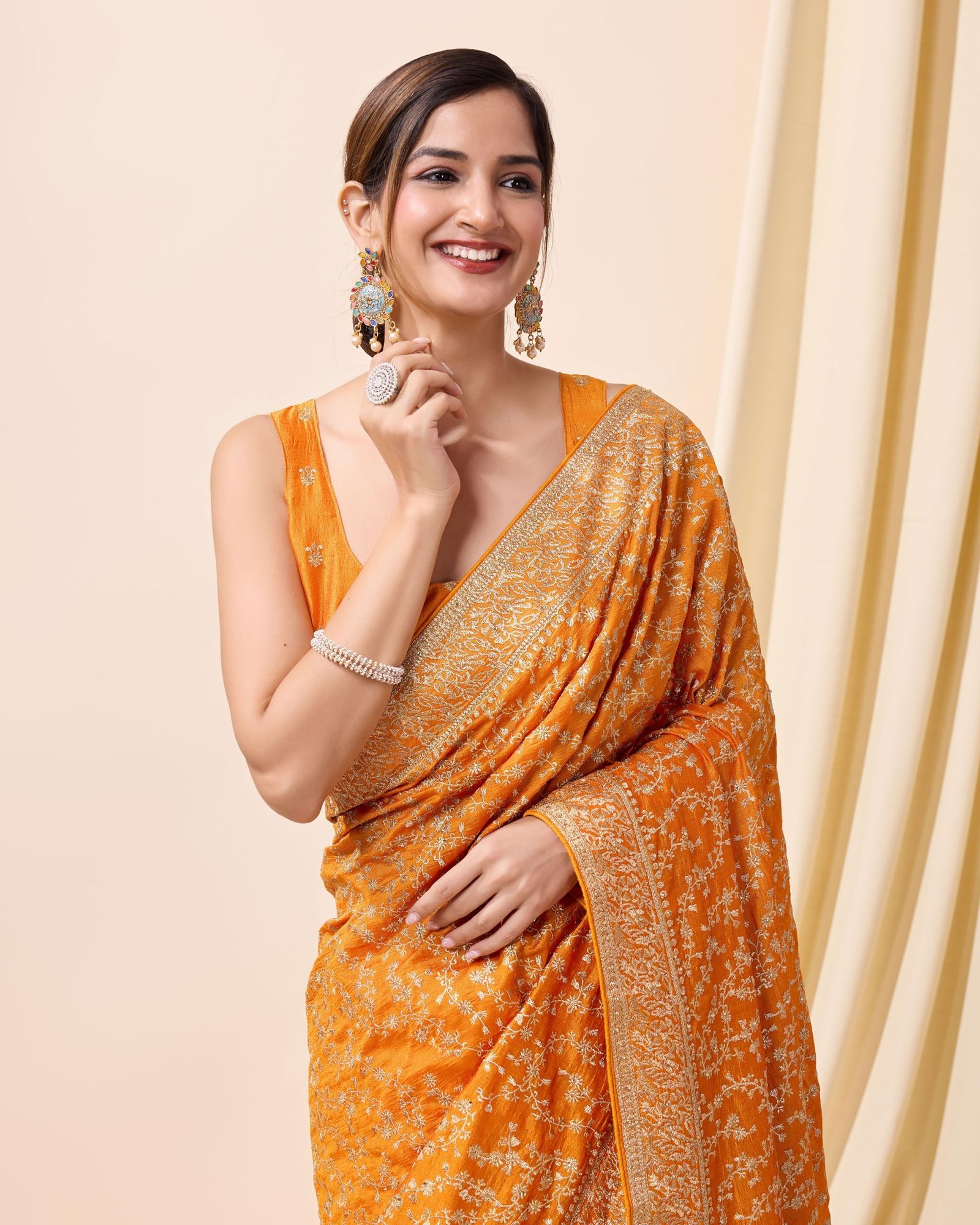 Women's Vichitra Silk Embroidery Work Saree with Unstitch Blouse Piece (K1098-Yellow) - Image 6