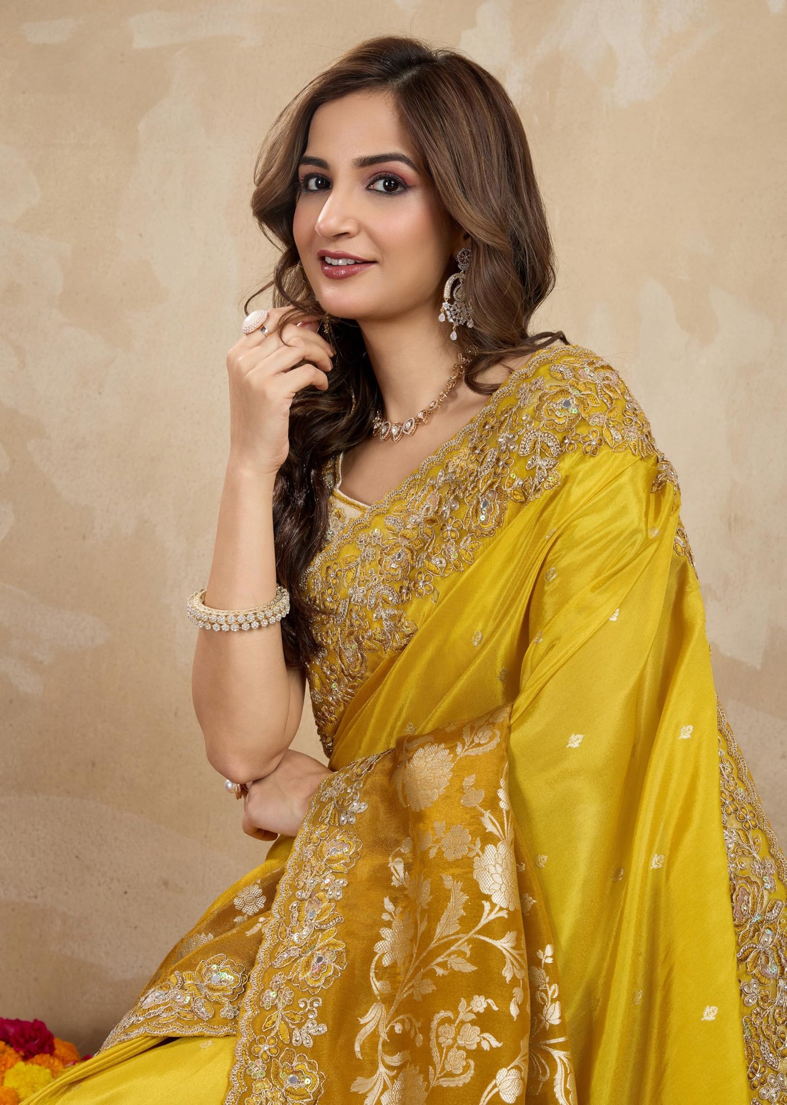 Women's Jacquard Silk Embroidery Saree with Unstitched Blouse Piece (K1178-Yellow) - Image 9