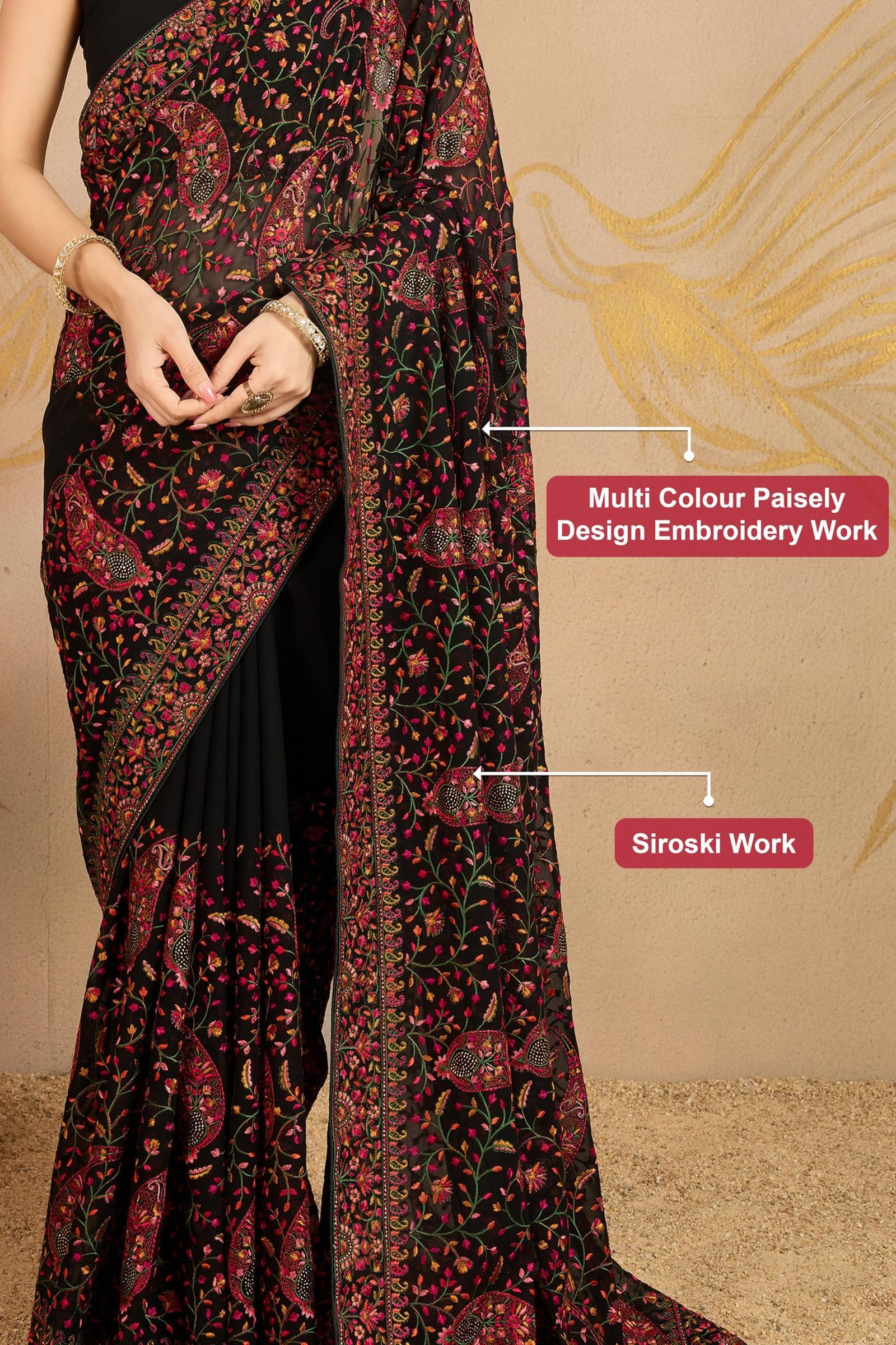 Women's Georgette Multi Colour Resham Thread Embroidery with Siroski work Saree with Unstitched Blouse Piece (K1233-Black) - Image 5