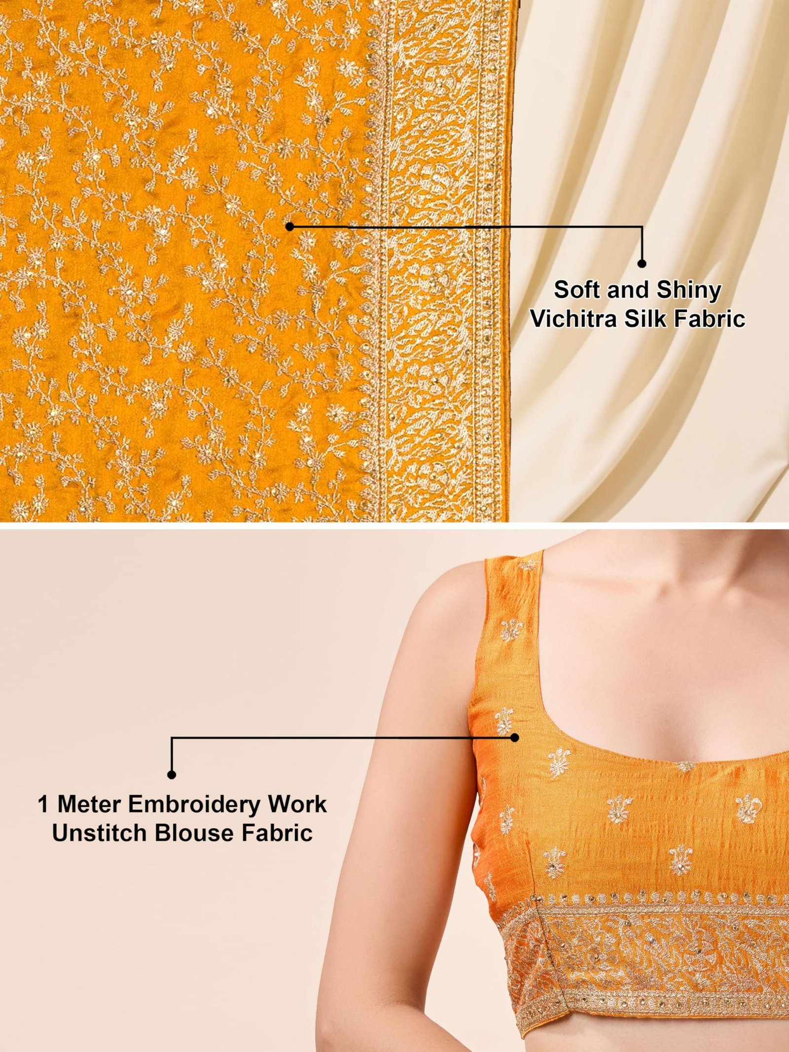 Women's Vichitra Silk Embroidery Work Saree with Unstitch Blouse Piece (K1098-Yellow) - Image 5