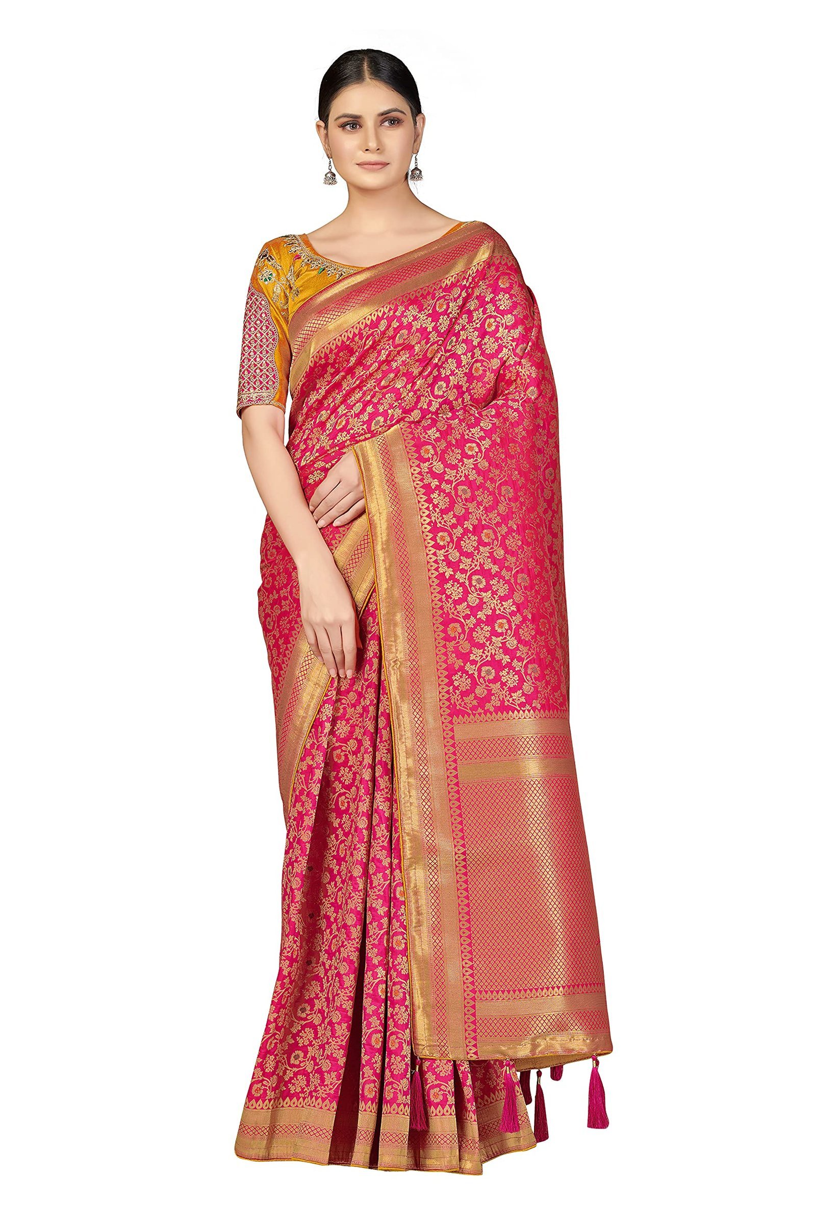 Women's Pure Kanjivaram Style Banarasi Soft Design Silk Saree With Blouse Piece For Wedding (45555 Rani Pink)