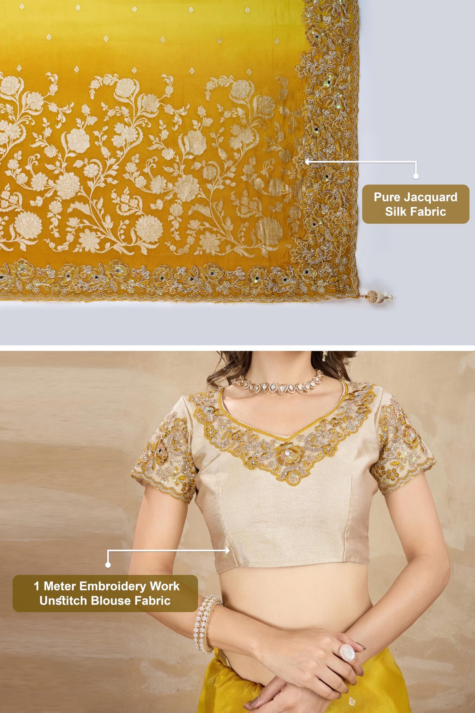 Women's Jacquard Silk Embroidery Saree with Unstitched Blouse Piece (K1178-Yellow) - Image 6