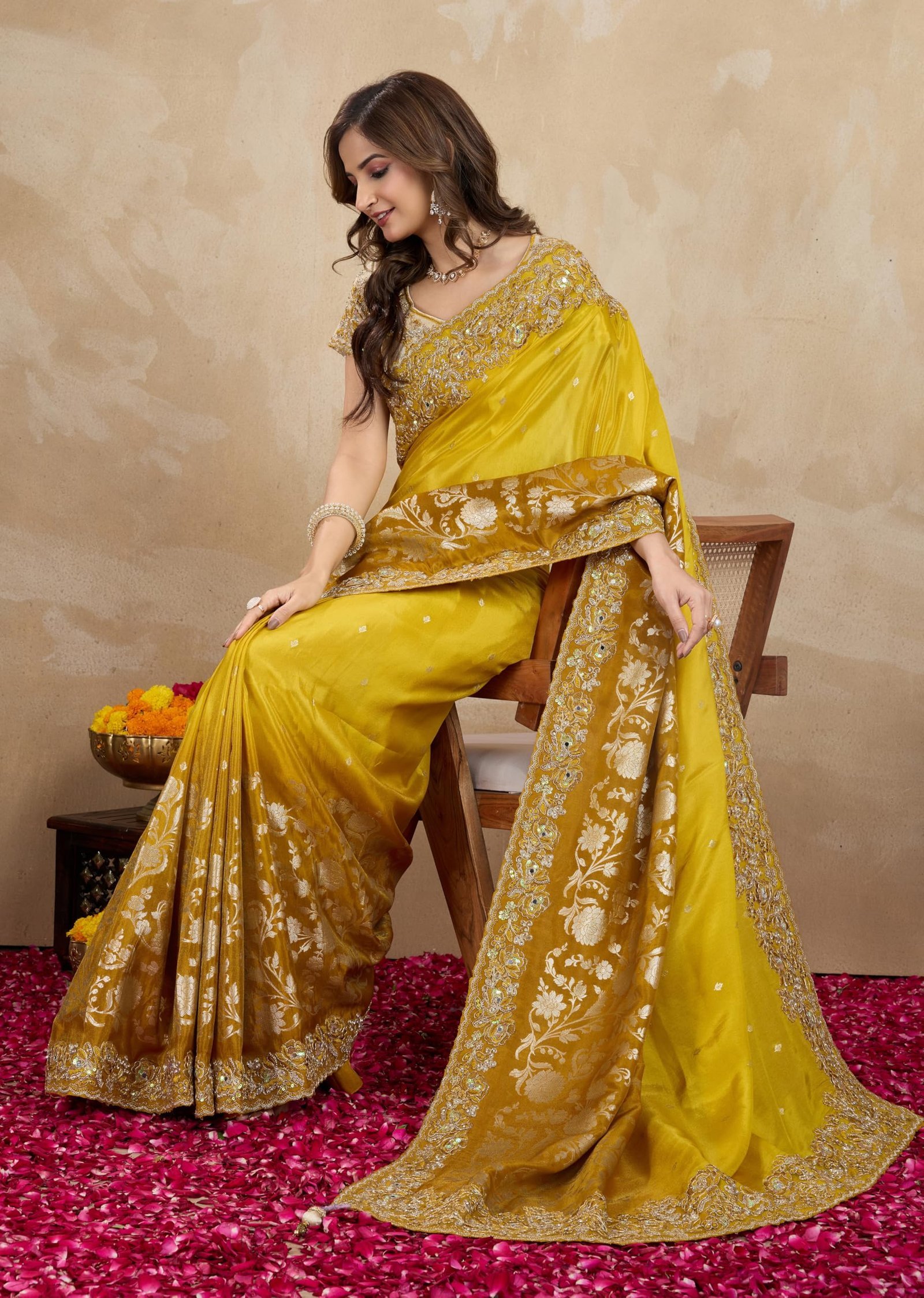 Women's Jacquard Silk Embroidery Saree with Unstitched Blouse Piece (K1178-Yellow) - Image 4