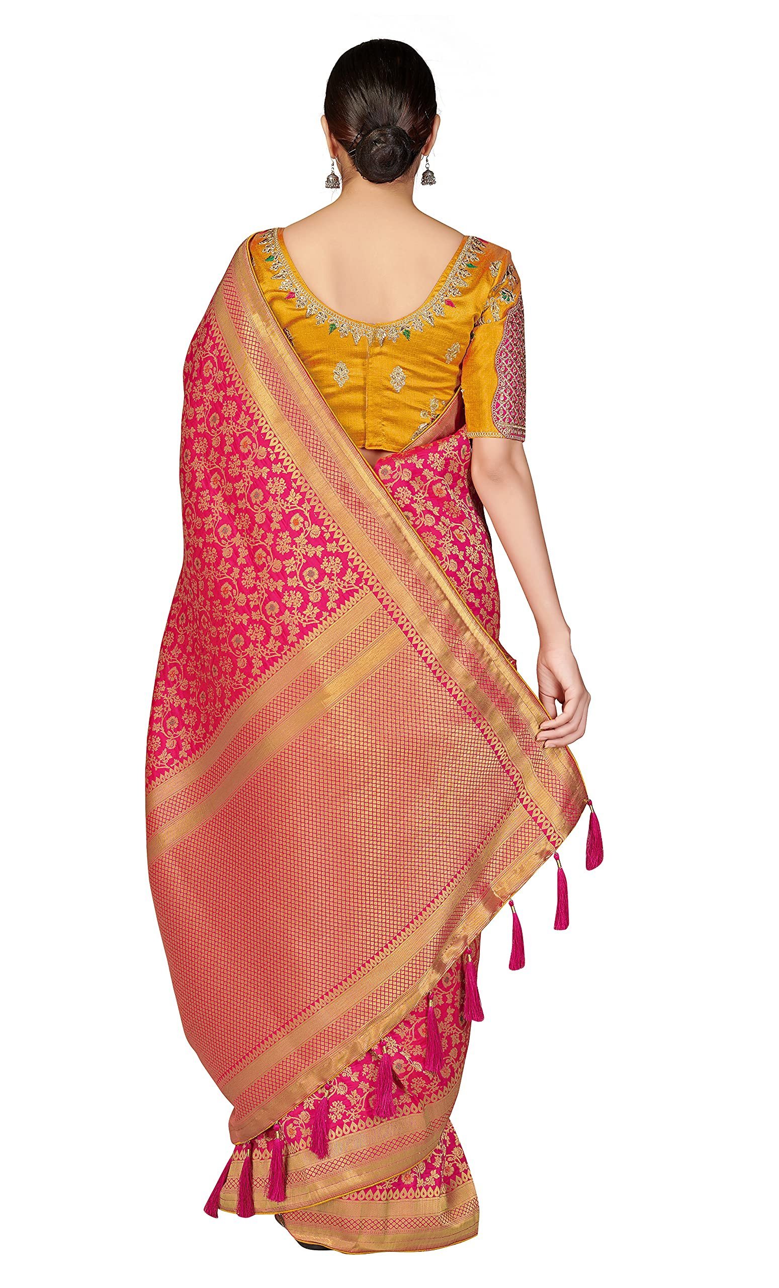 Women's Pure Kanjivaram Style Banarasi Soft Design Silk Saree With Blouse Piece For Wedding (45555 Rani Pink) - Image 5